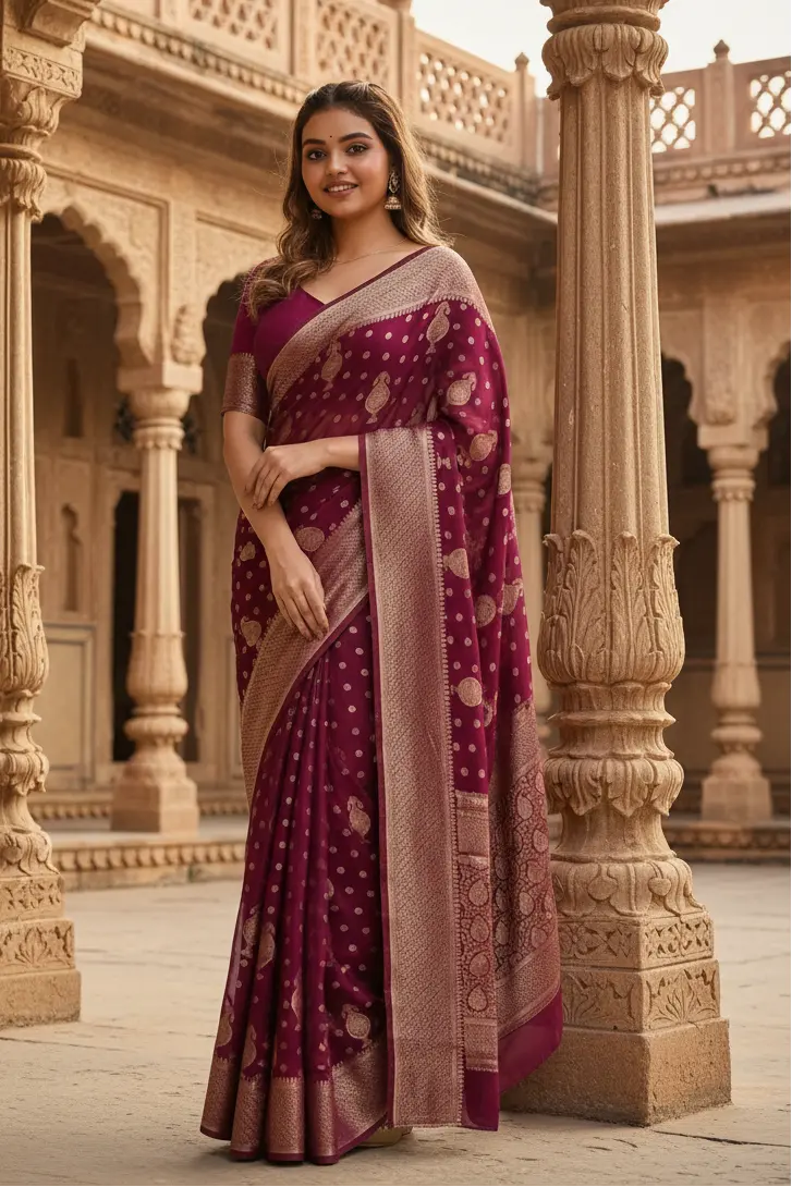 Women's Wine Silk Printed Saree With Unstitched Blouse -5.5Mtr Kashvii