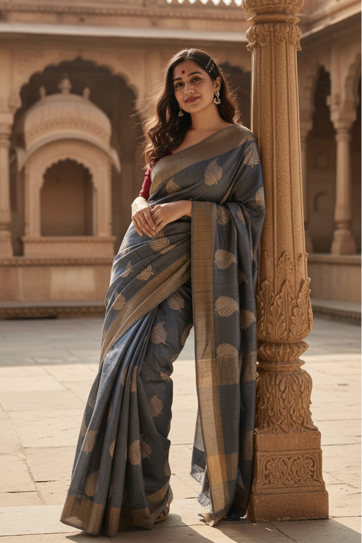 Women's Grey Silk Printed Saree With Unstitched Blouse 5.5Mtr Kashvii
