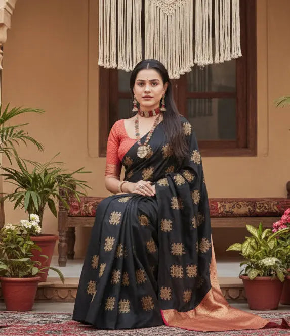 Women's Silk Printed Saree With Unstitched Blouse 5.5Mtr (Blacl-Orange) Kashvii