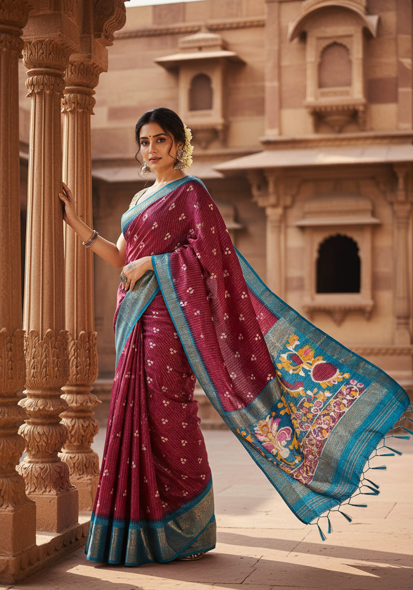 Women's soft dola cotton kalamkari printed saree with unstitched blouse 5