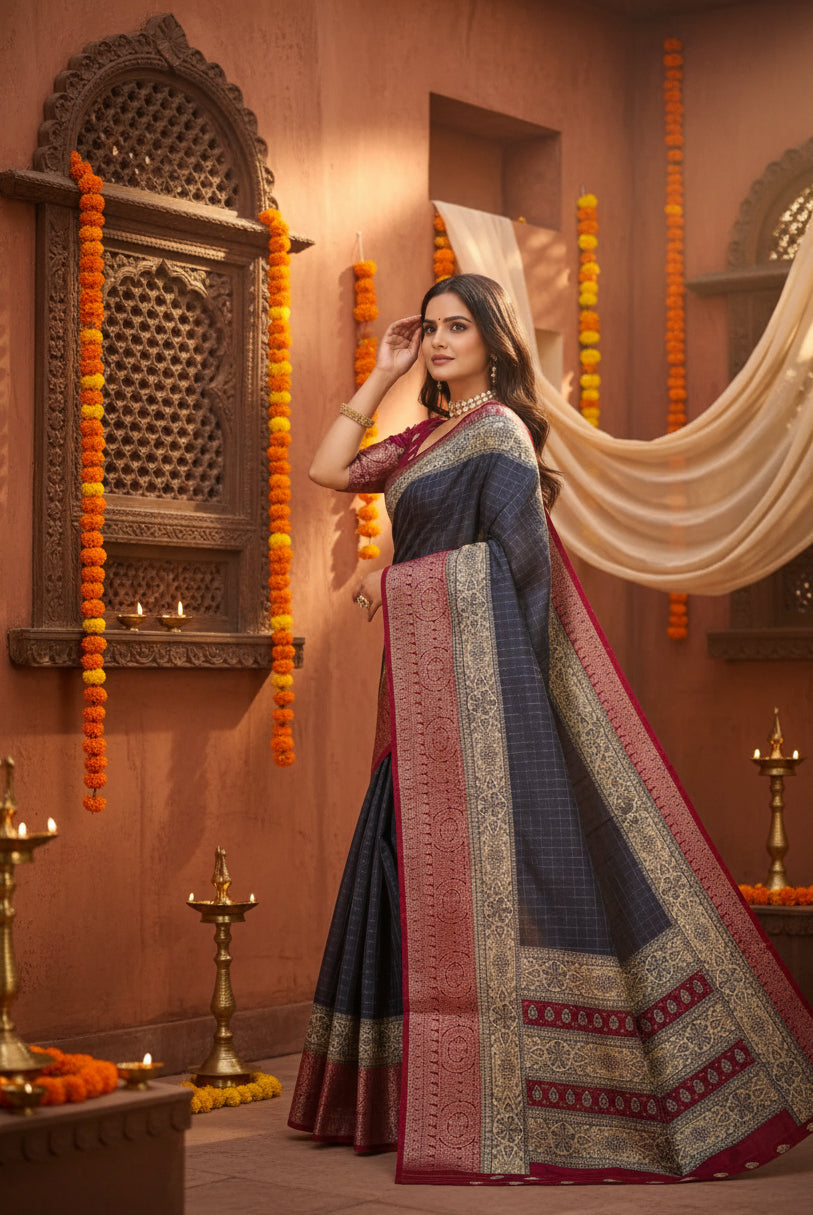 Women's Soft Dola Cotton Kalamkari Printed Saree With Unstitched Blouse 5.5Mtr (Grey) Kashvii