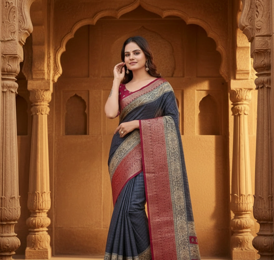 Women's Soft Dola Cotton Kalamkari Printed Saree With Unstitched Blouse 5.5Mtr (Grey) Kashvii