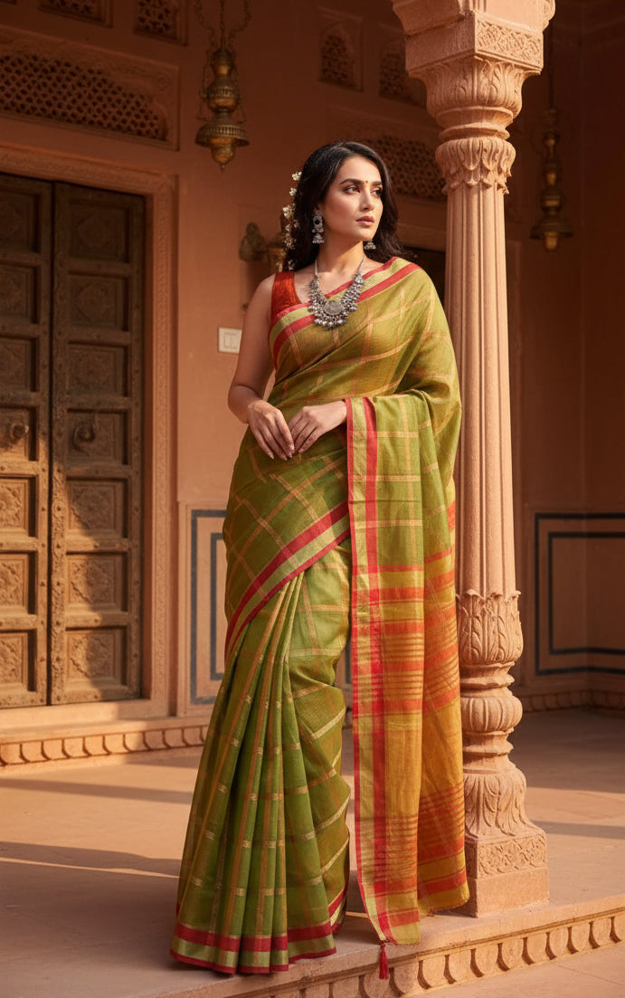 Women's cotton silk checkered kota doria saree with unstitched blouse (5