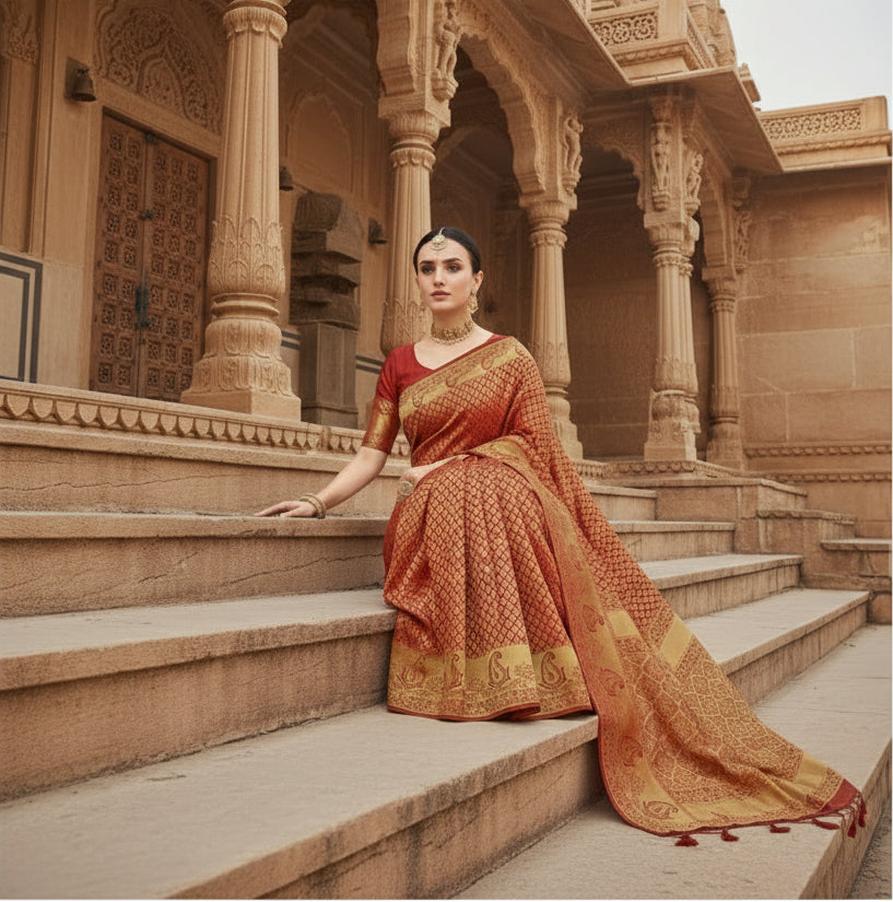 Women's red silk woven kanjivaram saree with unstitched blouse  5