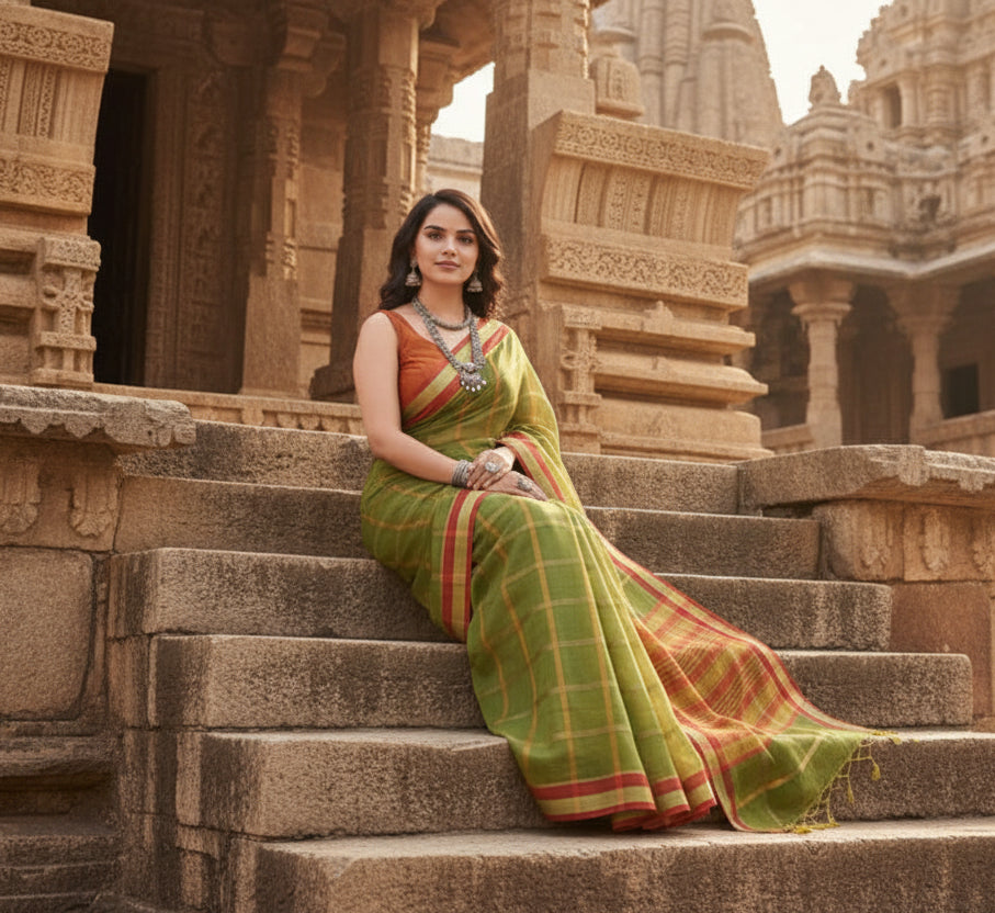 Women's cotton silk checkered kota doria saree with unstitched blouse (5