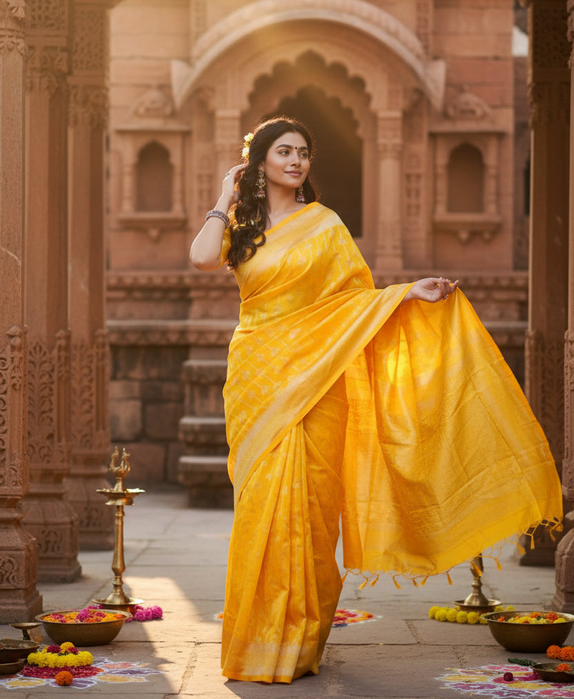 Women's yellow silk blend self design banarasi saree with unstitched blouse  5