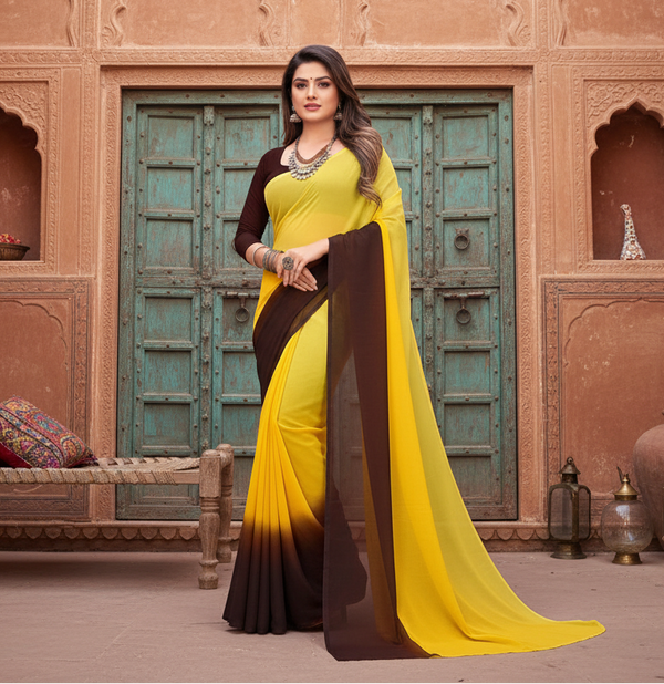 Women's Georgette Solid Saree With Unstitched Blouse 5.5Mtr (Yellow) Kashvii