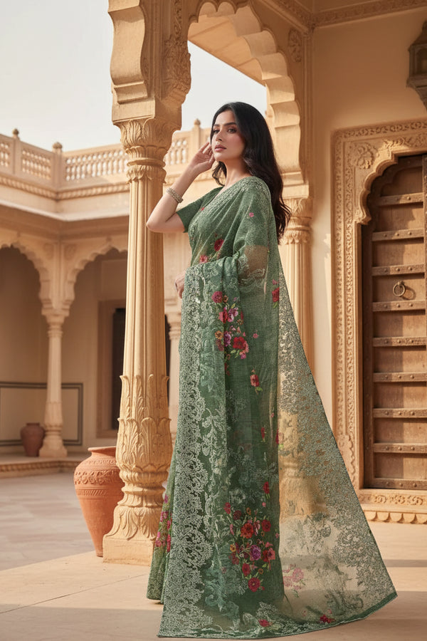 Women's Faux Georgette Printed Saree With Unstitched Blouse 5.5Mtr (Green) Kashvii