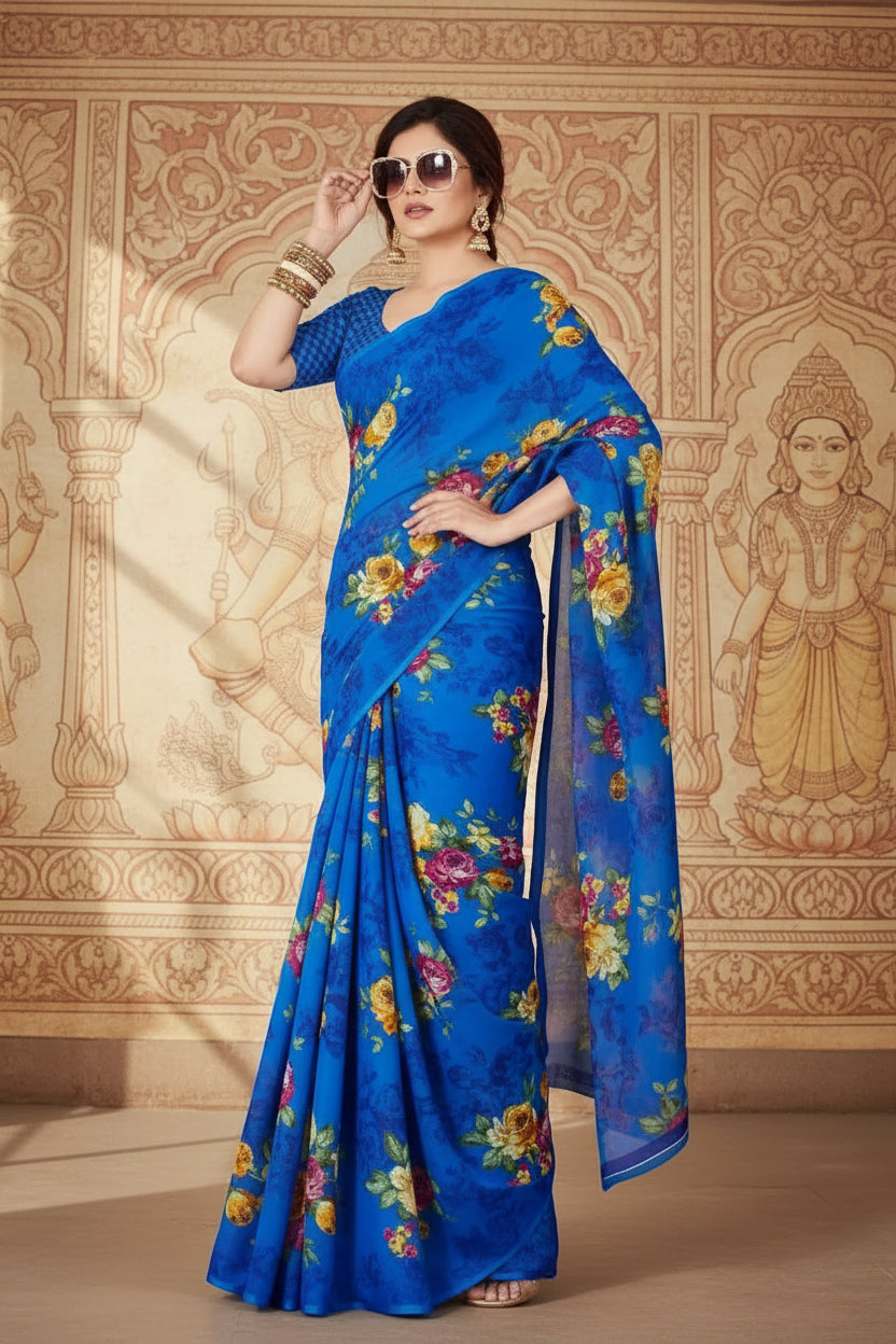 Women's Faux Georgette Printed Saree With Unstitched Blouse 5.5Mtr (Blue) Kashvii