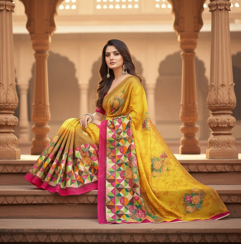 Women's Faux Georgette Printed Saree With Unstitched Blouse 5.5Mtr (Yellow) Kashvii