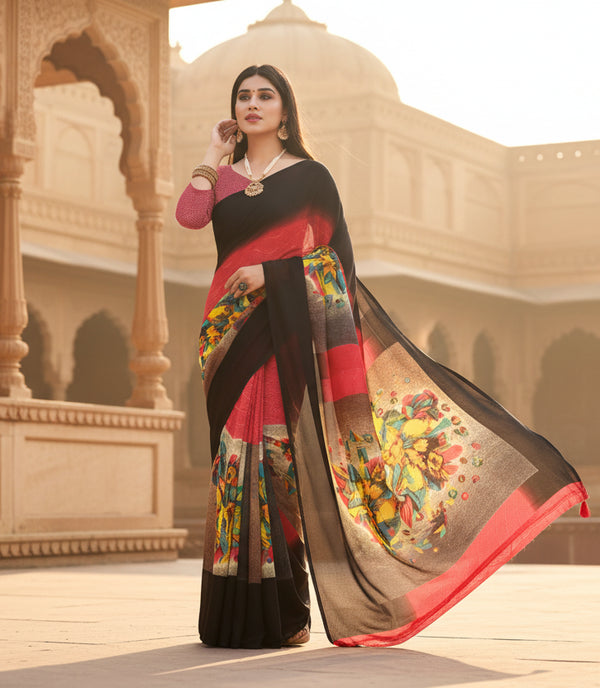 Women's Georgette Printed Saree With Unstitched Blouse 5.5Mtr (Pink) Kashvii