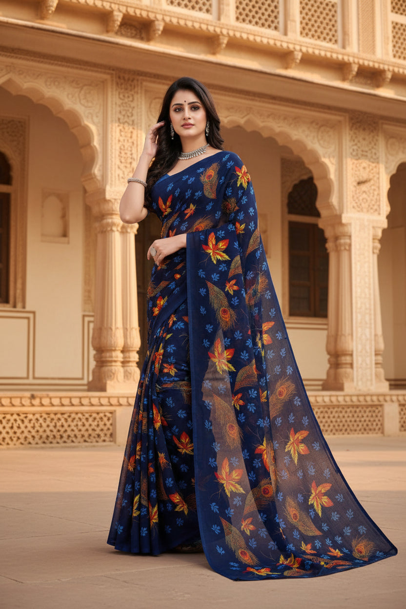 Women's Faux Georgette Printed Saree With Unstitched Blouse 5.5Mtr (Blue) Kashvii