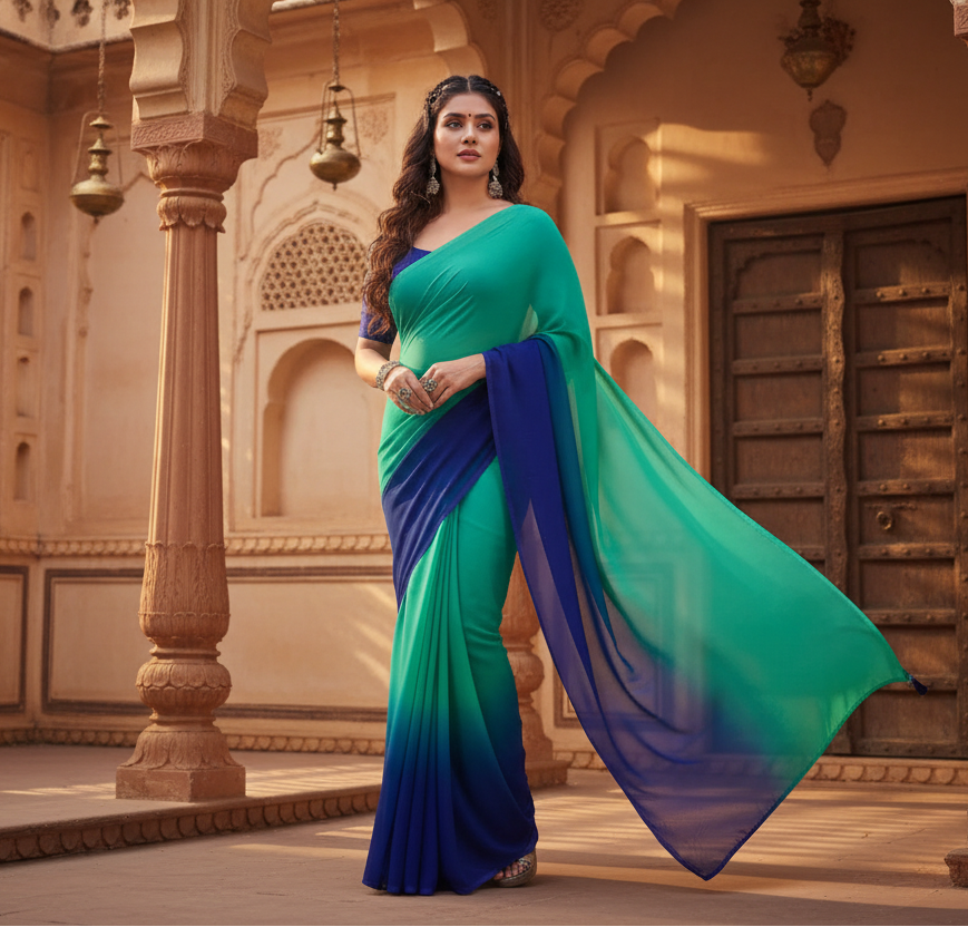 Women's georgette solid saree with unstitched blouse 5