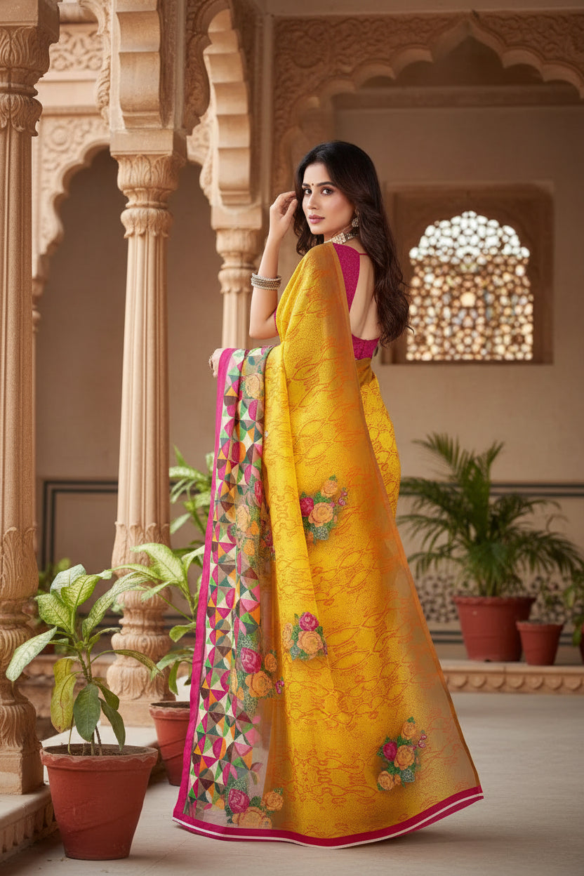Women's Faux Georgette Printed Saree With Unstitched Blouse 5.5Mtr (Yellow) Kashvii