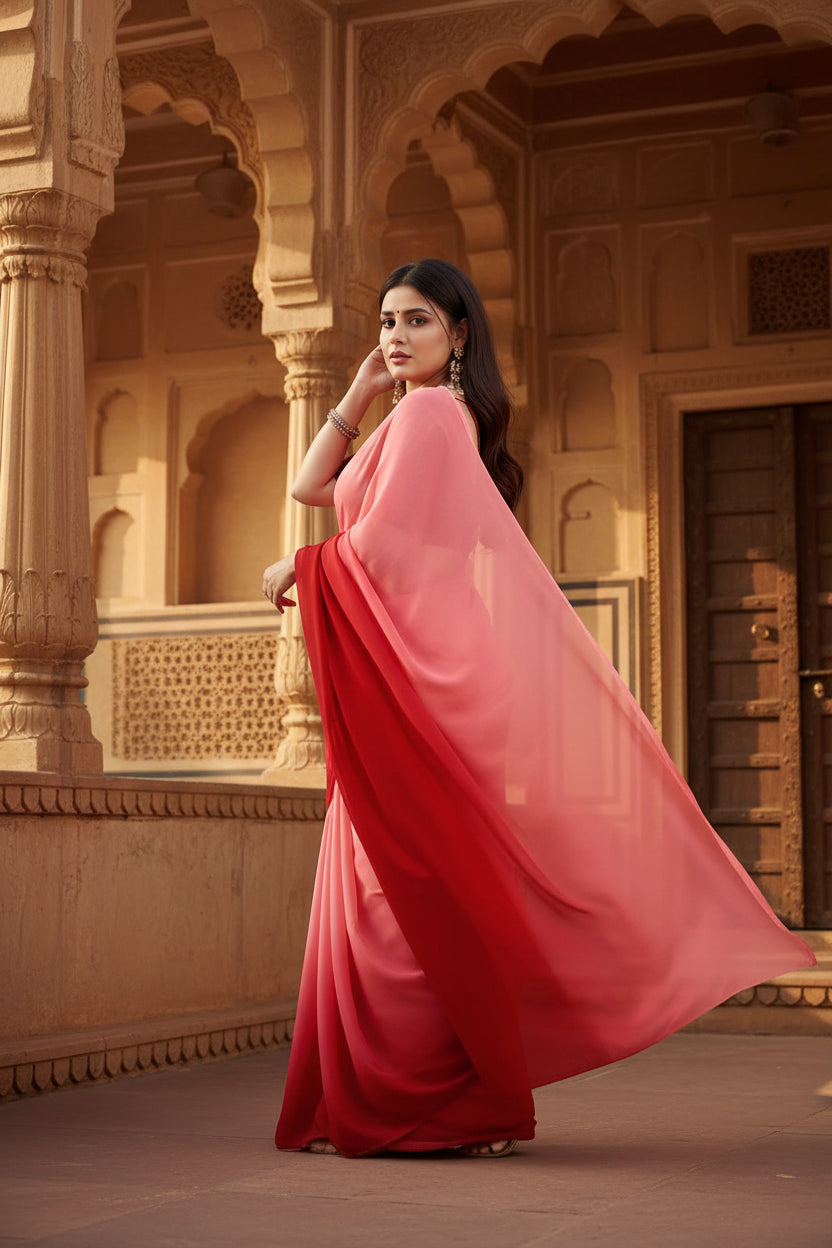 Women's Georgette Solid Saree With Unstitched Blouse 5.5Mtr (Pink) Kashvii
