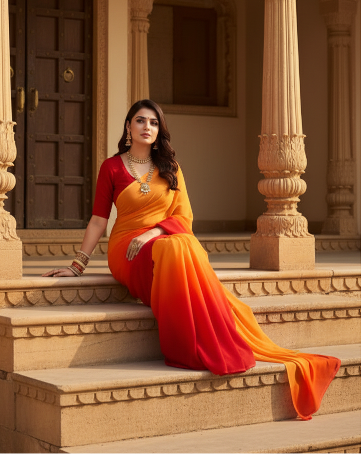 Women's Georgette Solid Saree With Unstitched Blouse 5.5Mtr (Orange)