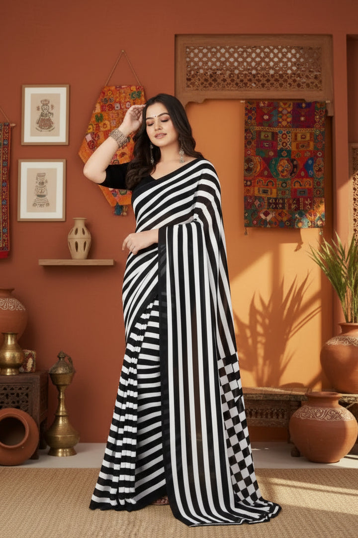 Women's Faux Georgette Printed Saree With Unstitched Blouse 5.5Mtr (Black) Kashvii