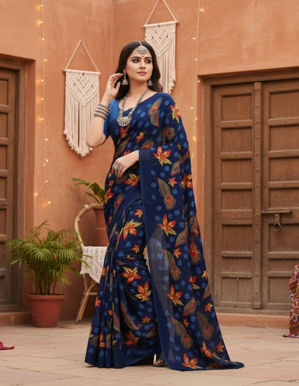Women's Faux Georgette Printed Saree With Unstitched Blouse 5.5Mtr (Blue) Kashvii