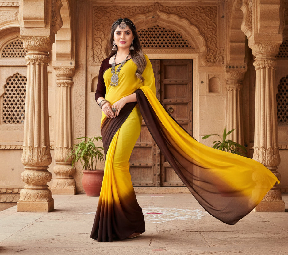 Women's Georgette Solid Saree With Unstitched Blouse 5.5Mtr (Yellow) Kashvii