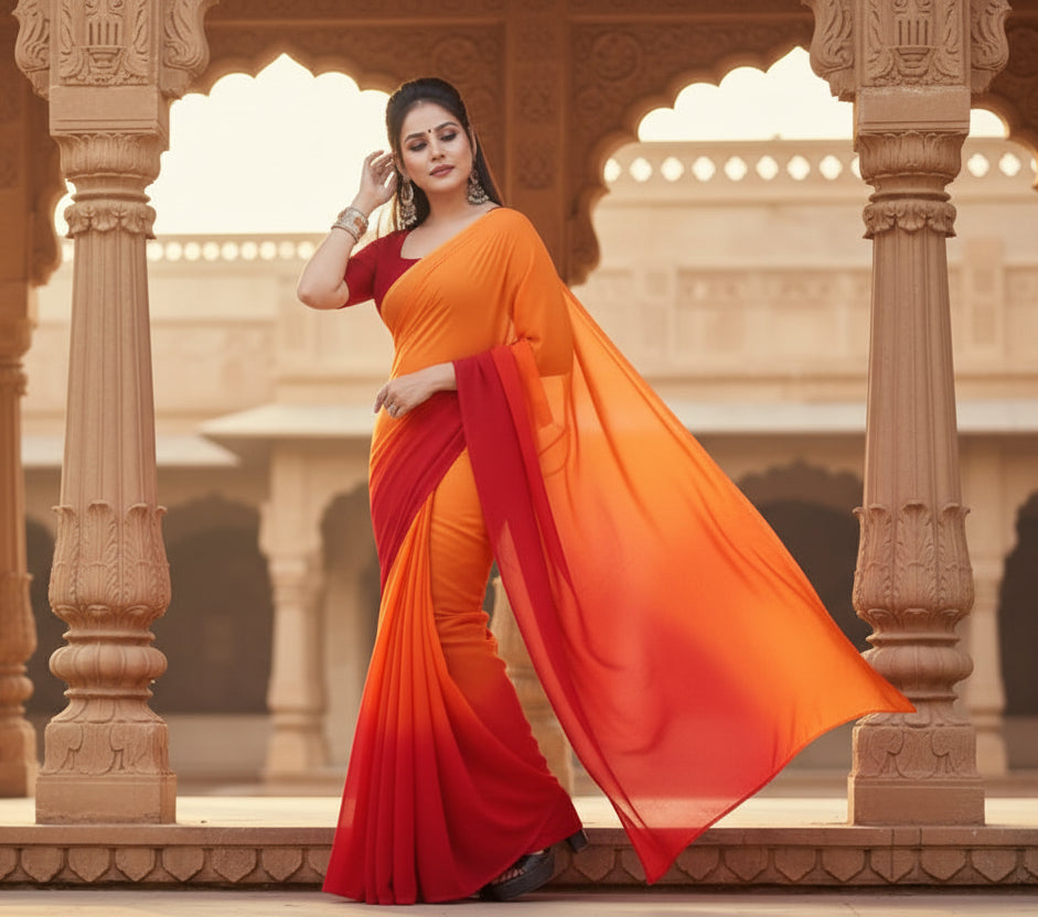 Women's Georgette Solid Saree With Unstitched Blouse 5.5Mtr (Orange) Kashvii