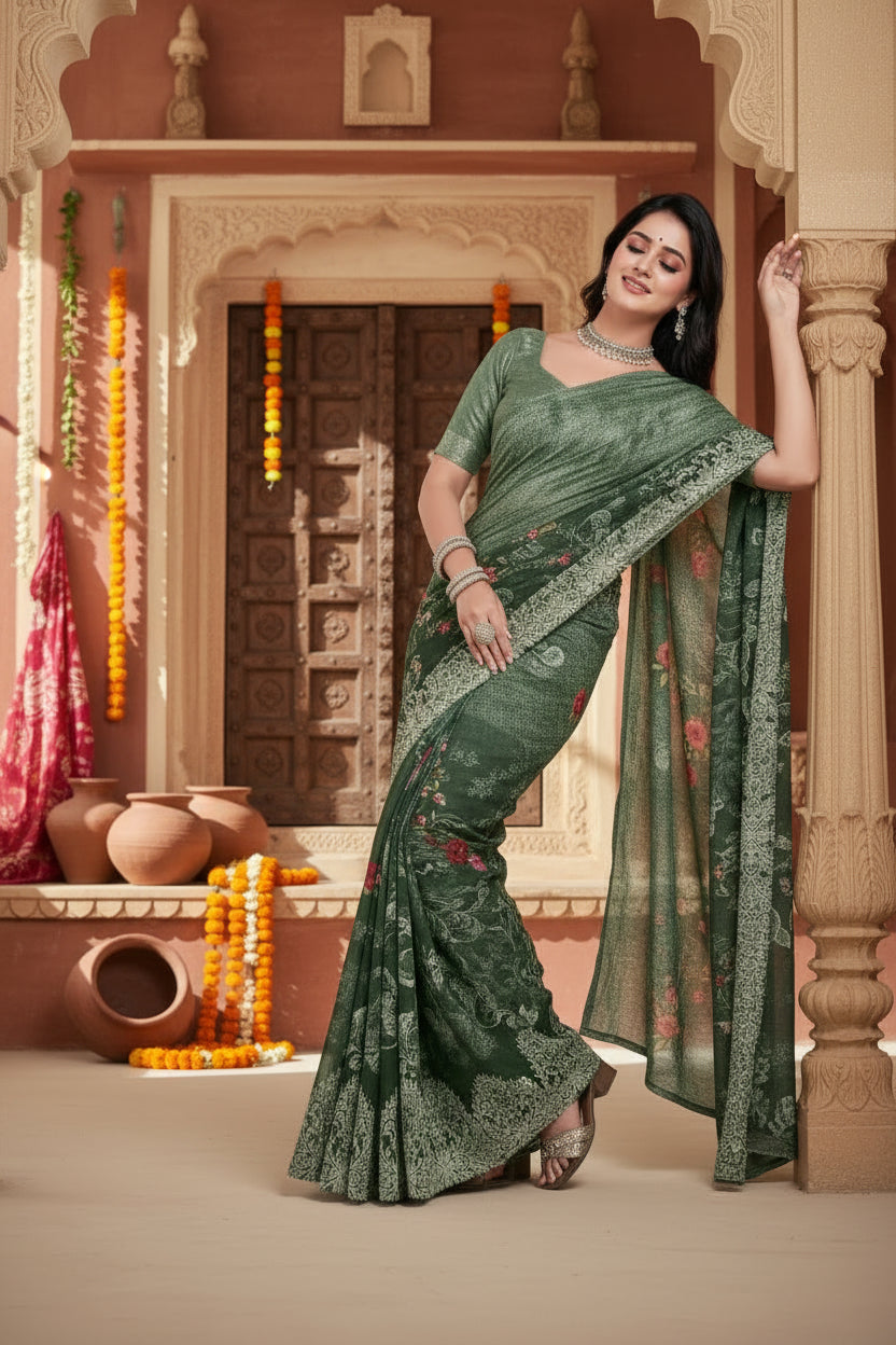 Women's Faux Georgette Printed Saree With Unstitched Blouse 5.5Mtr (Green) Kashvii
