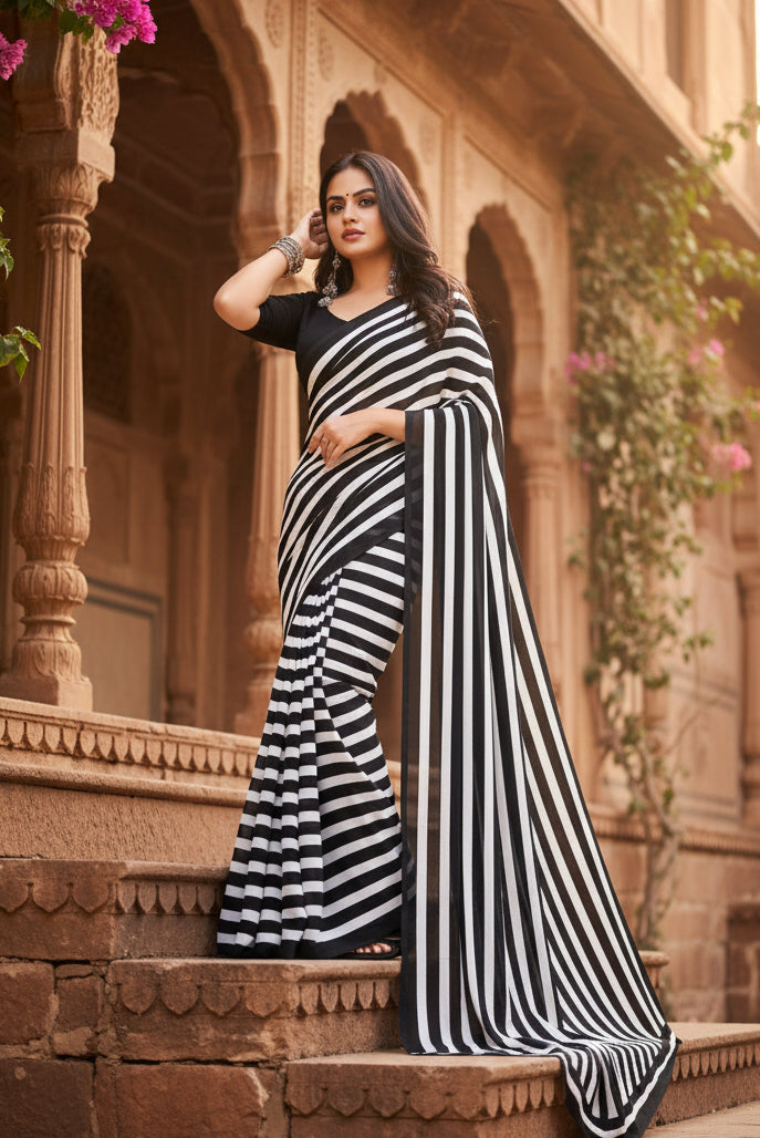 Women's Faux Georgette Printed Saree With Unstitched Blouse 5.5Mtr (Black) Kashvii