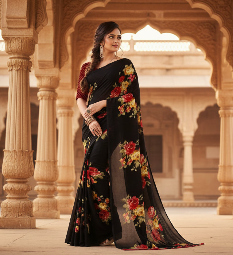 Women's Faux Georgette Printed Saree With Unstitched Blouse 5.5Mtr (Black) Kashvii