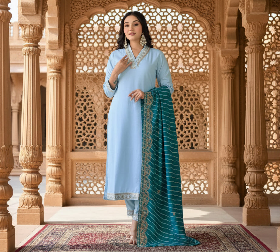 Women's Roman Silk Embroidery 3-4th Sleeve V-Neck Kurti With Pant Dupatta Set (Rama) Kashvii