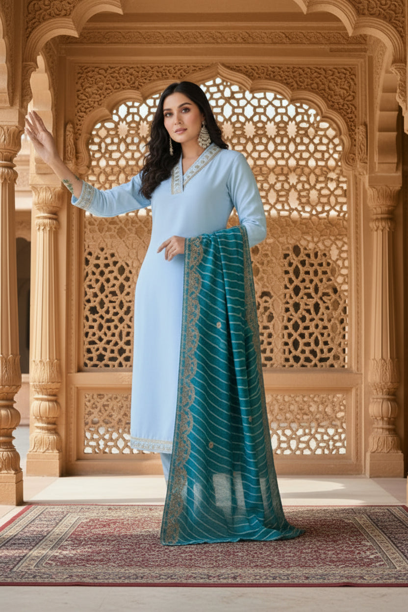 Women's Roman Silk Embroidery 3-4th Sleeve V-Neck Kurti With Pant Dupatta Set (Rama)