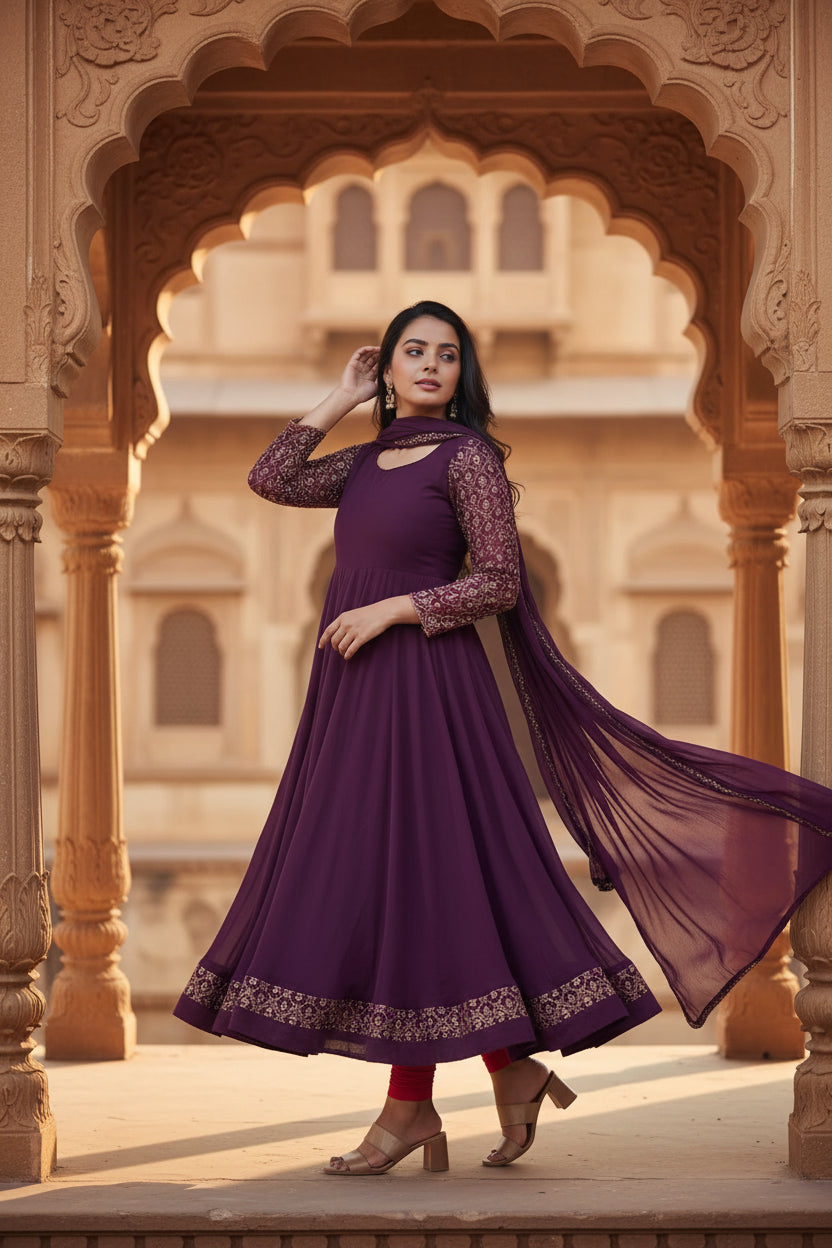 Women's Georgette Embroidery 3-4th Sleeve Round Neck Kurti with Dupatta Set (Wine) Kashvii