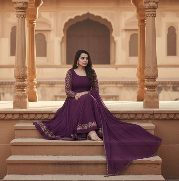 Women's Georgette Embroidery 3-4th Sleeve Round Neck Kurti with Dupatta Set (Wine)
