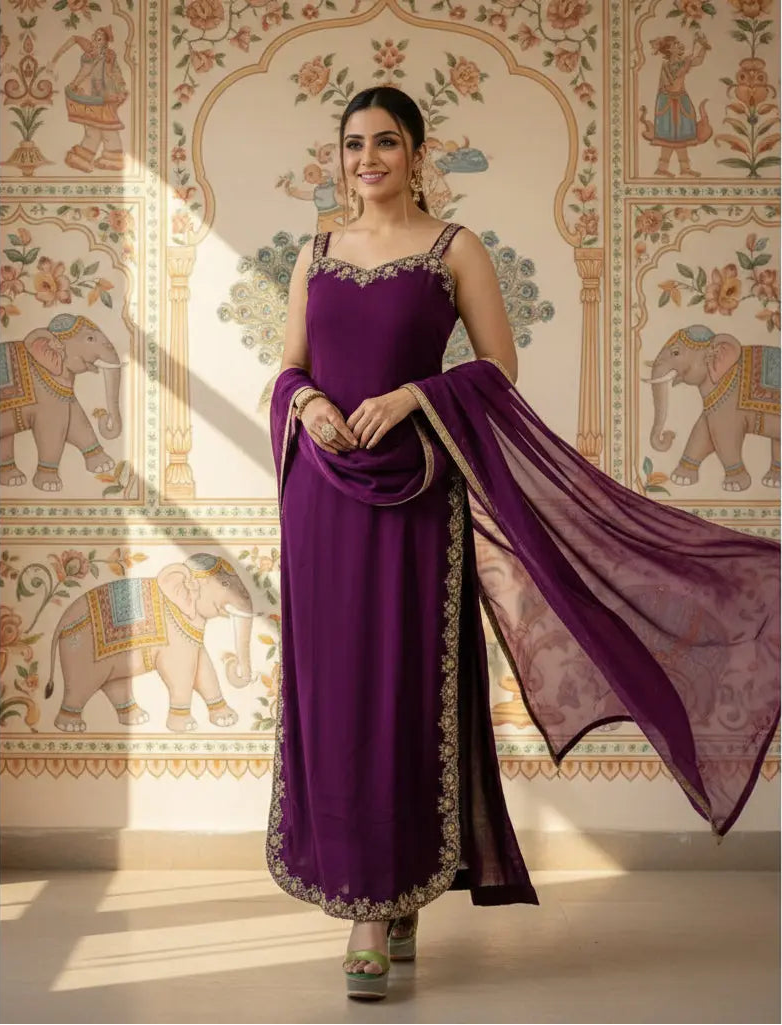 Women's Georgette Embroidery Sleeveless Round Neck Kurti, Palazzo And Dupatta Set (Wine) Kashvii