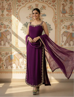 Load image into Gallery viewer, Women's Georgette Embroidery Sleeveless Round Neck Kurti, Palazzo And Dupatta Set (Wine) Kashvii
