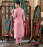 Load image into Gallery viewer, Women's Roman Silk Embroidery 3-4th Sleeve V-Neck Kurti With Pant Dupatta Set (Pink) Kashvii
