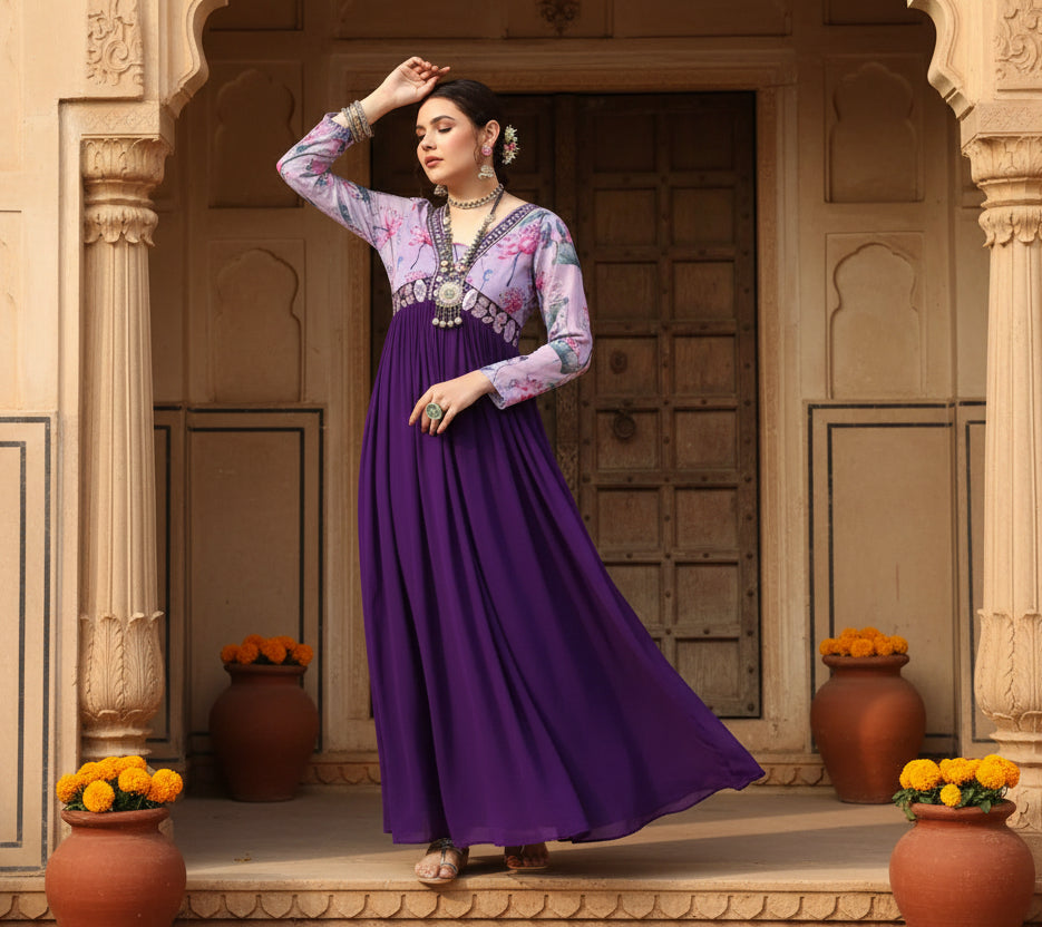 Women's Georgette Embroidery 3-4th Sleeve V-Neck Kurti (Purple) Kashvii