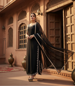 Load image into Gallery viewer, Women's Georgette Embroidery Sleeveless Round Neck Kurti, Palazzo And Dupatta Set (Black) Kashvii
