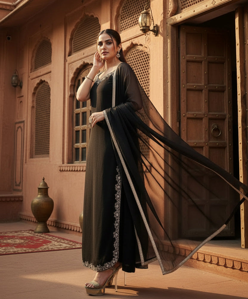 Women's Georgette Embroidery Sleeveless Round Neck Kurti, Palazzo And Dupatta Set (Black)