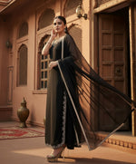 Load image into Gallery viewer, Women's Georgette Embroidery Sleeveless Round Neck Kurti, Palazzo And Dupatta Set (Black)
