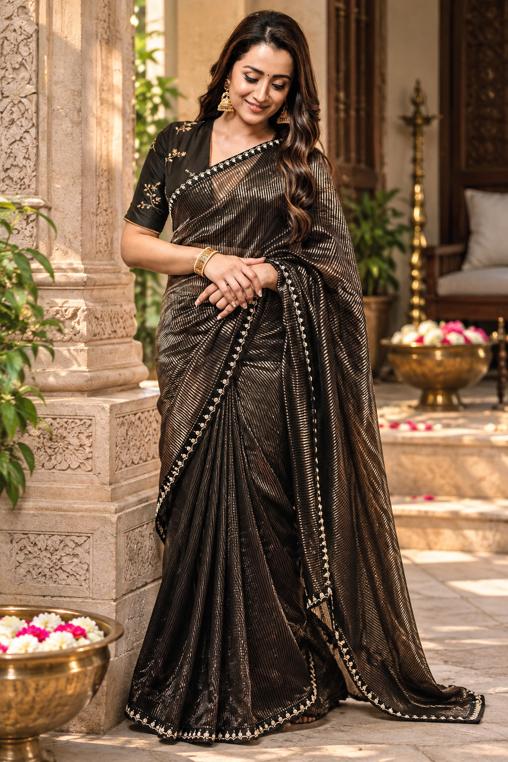 Organza Silk Party Wear Saree With Unstitched Blouse(Black)