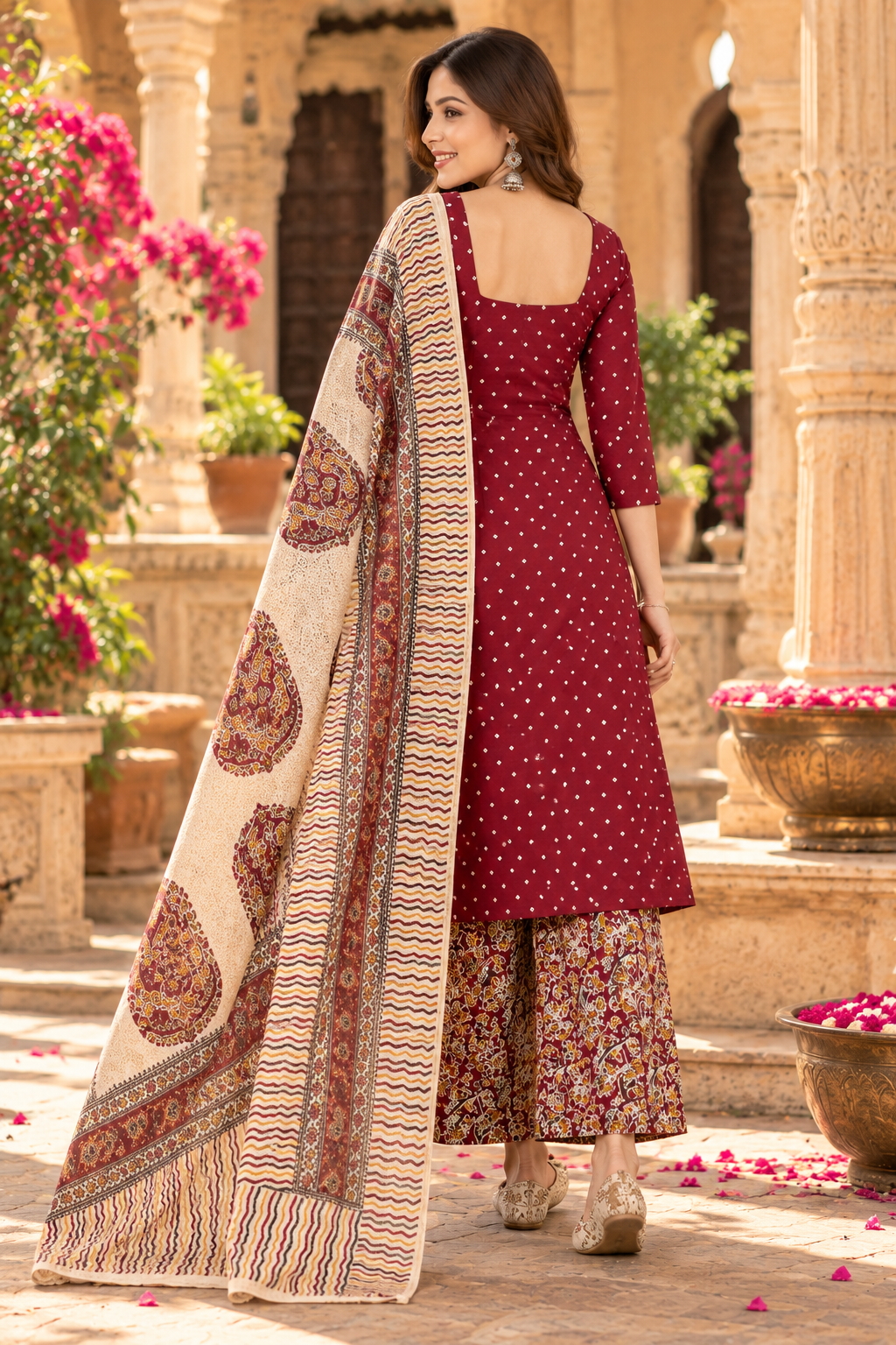 Soft Cotton Kurti Pant Set With Dupatta(Maroon)