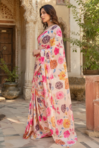 Satin Silk Printed Saree With Unstitched Blouse(Rani)