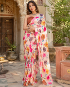 Satin Silk Printed Saree With Unstitched Blouse(Rani)