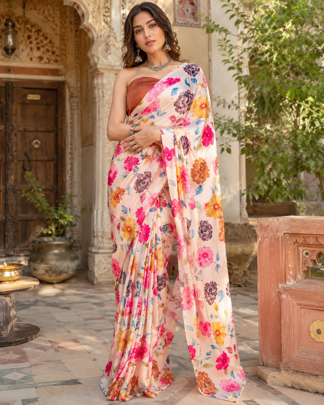 Satin Silk Printed Saree With Unstitched Blouse(Rani)