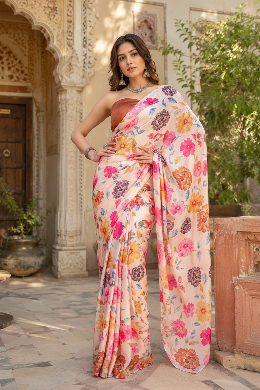 Satin Silk Printed Saree With Unstitched Blouse(Rani)