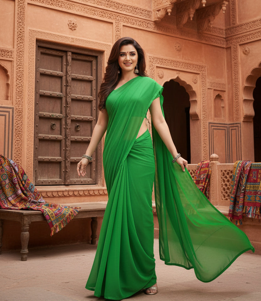 Women's Georgette Plain Saree With Blouse (Dark Green, 5-6 Mtrs) Kashvii