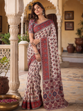 Crepe Silk Digital Ajrak Print  Real Mirror Work Saree With Unstitched Blouse(White)