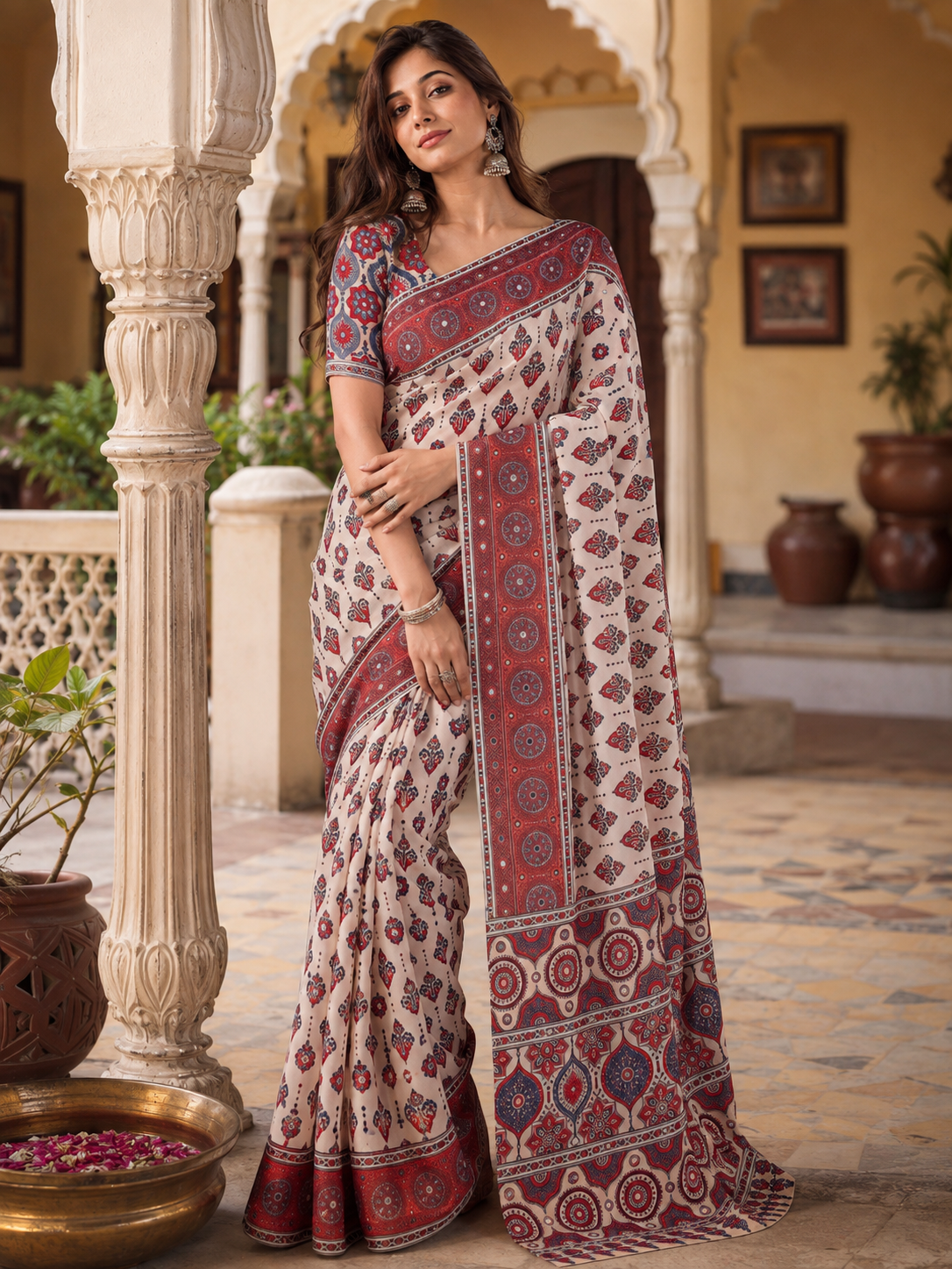 Crepe Silk Digital Ajrak Print  Real Mirror Work Saree With Unstitched Blouse(White)
