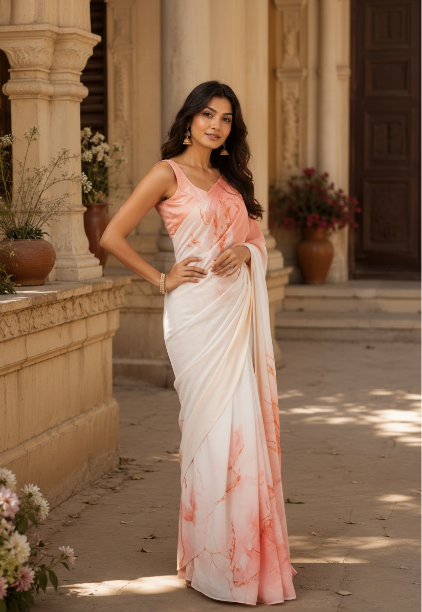 Satin Silk Printed Saree With Unstitched Blouse(White)