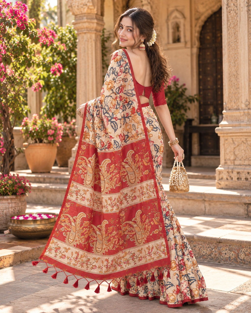 Tussar Silk Kalamkari Printed Saree With Unstitched Blouse(Red)