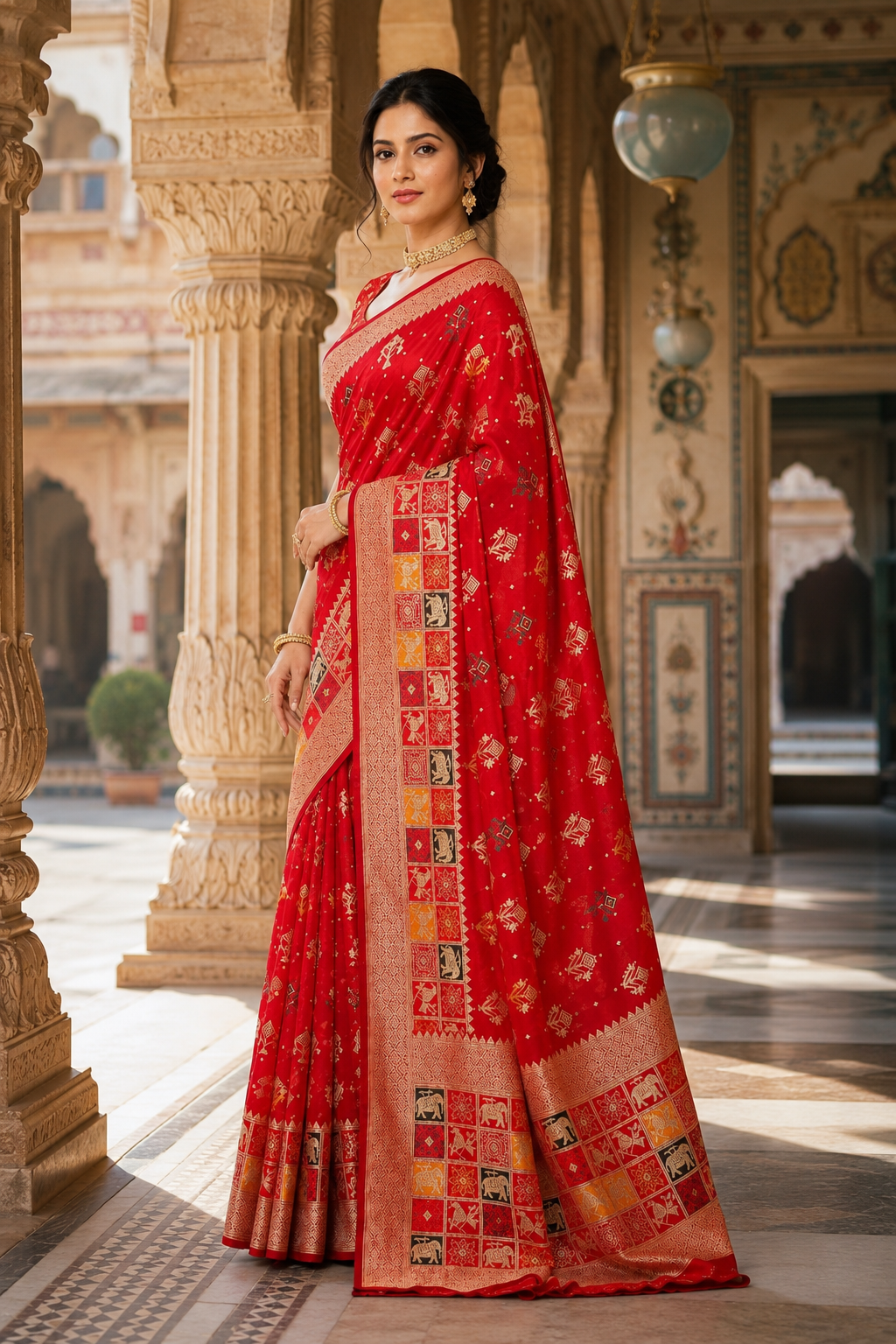 Dola Silk Soft Rajwadi Kashmiri Thread Zari Weaving Border With Unstitched Butti  Blouse (Red)